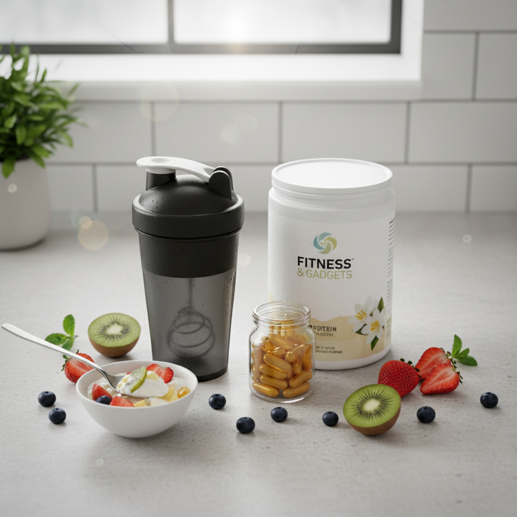 Fitness shake ingredients and a shaker bottle on a kitchen counter.