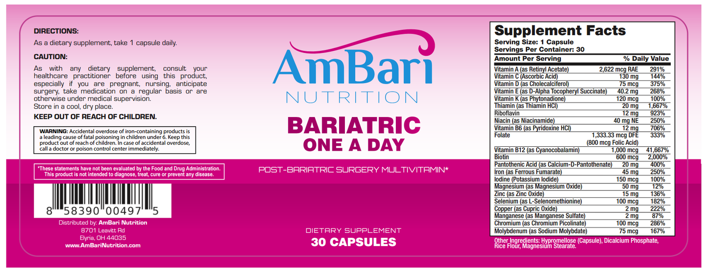 Bariatric One A Day Daily Multivitamin Supplement