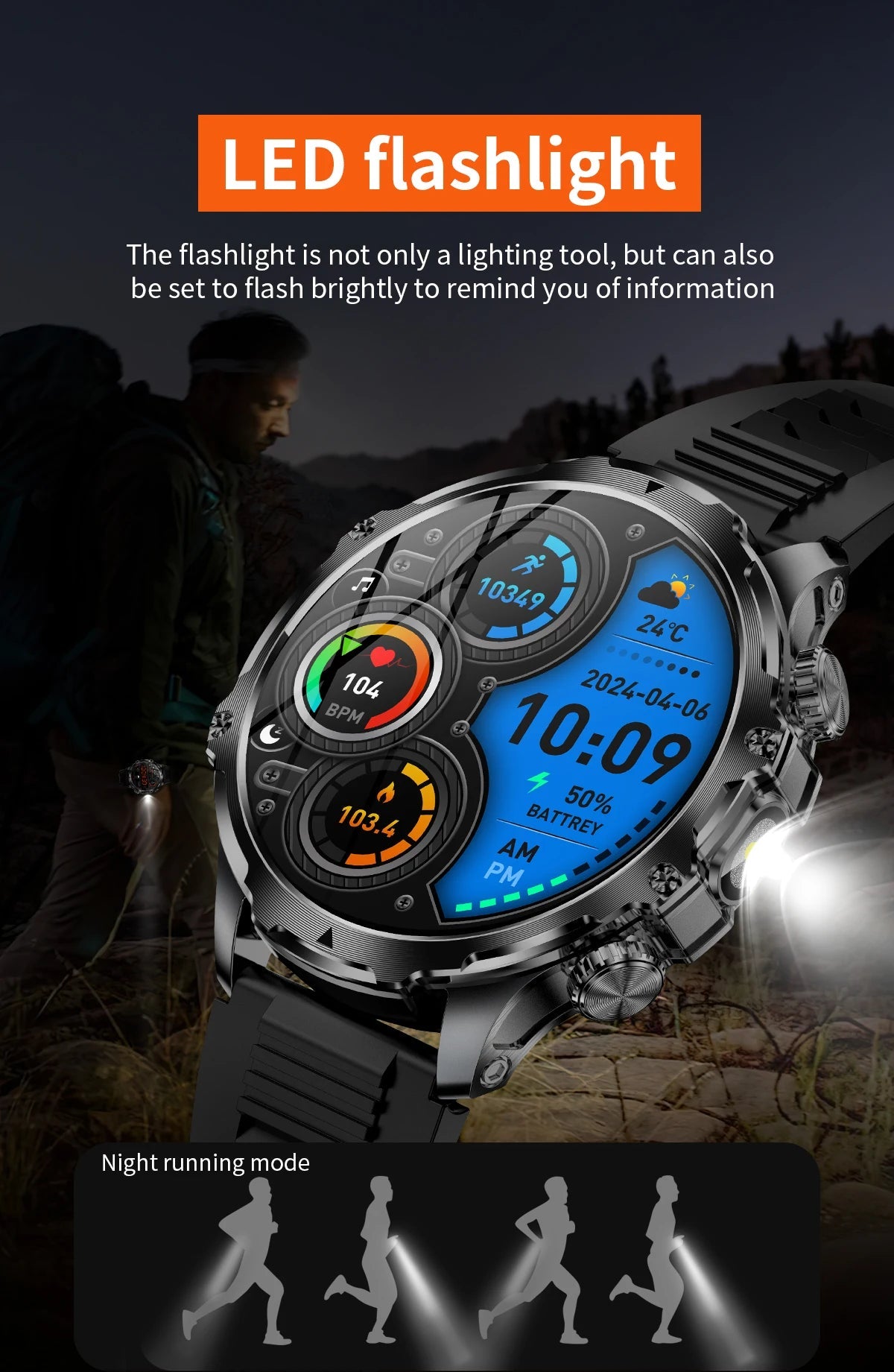 AK75 Smartwatch Flashlight Outdoor Fitness Tracker BT Calling