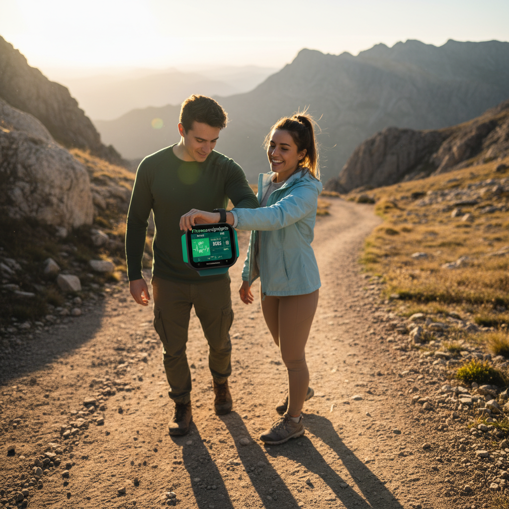 Two people standing on a mountain path with a device displaying 'Green Screen' text.