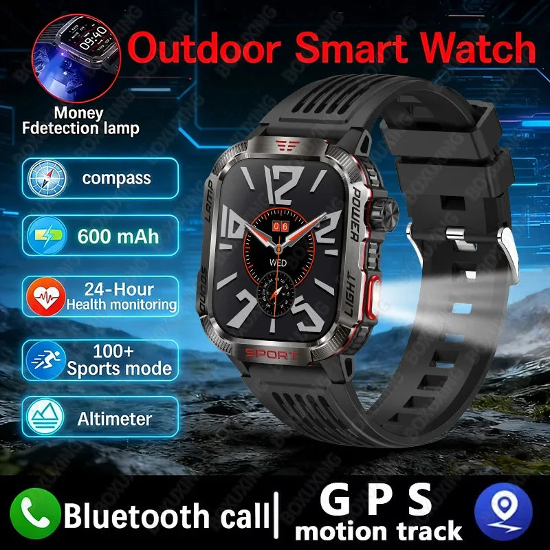 2026 New LED flashlight Military Smart Watch Men IP68 GPS Outdoor Sports Fitness Tracker Health Monitor 2.01" BT Call Smartwatch