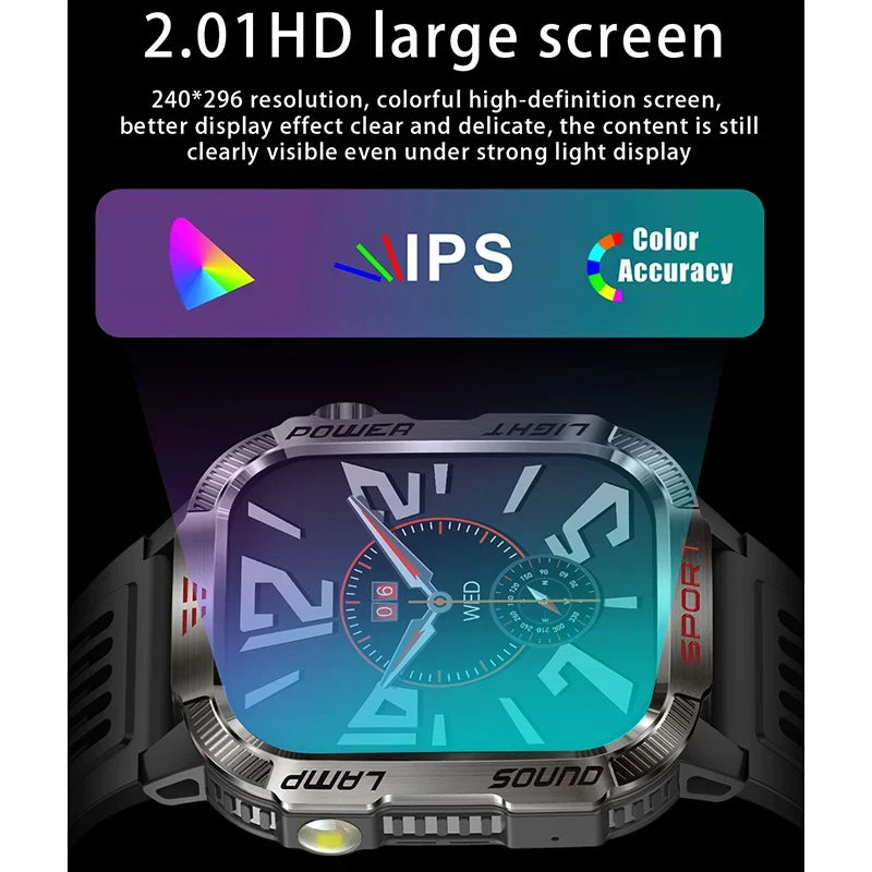 2026 New LED flashlight Military Smart Watch Men IP68 GPS Outdoor Sports Fitness Tracker Health Monitor 2.01" BT Call Smartwatch