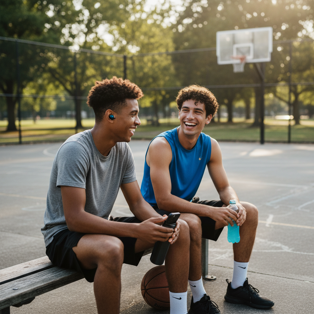 Two young men sitting on a bench on a basketball court, one holding a phone and the other a water bottle.
