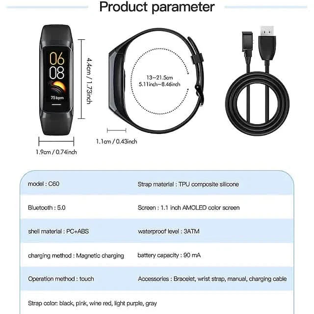 C60 Smart Watch 1.1 Inch Fitness Bluetooth Watch