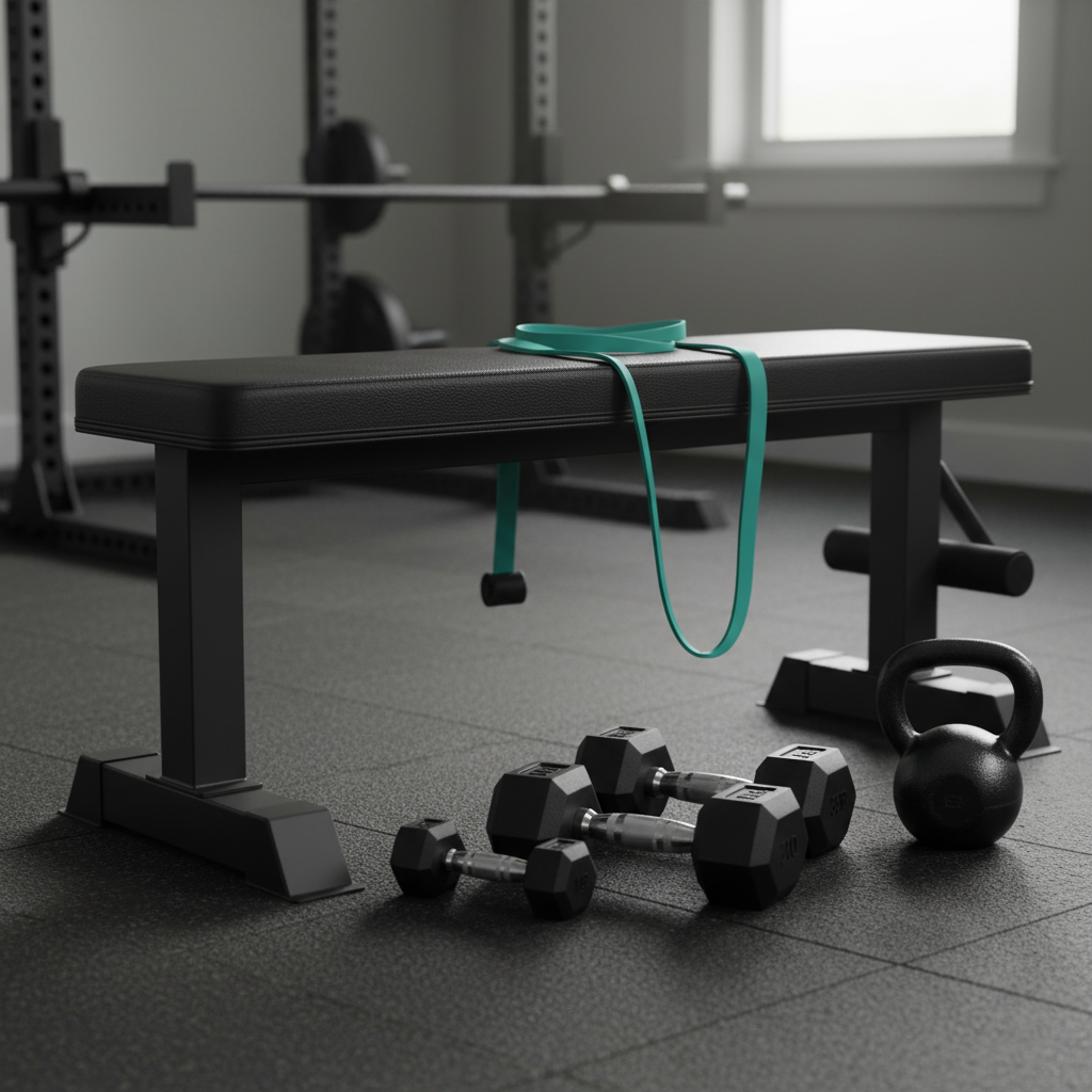 Gym bench with resistance band, dumbbells, and kettlebell on a tiled floor.
